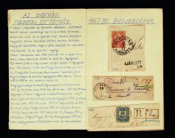 Az ajánlási ragjegy története. Kézzel írott kis tanulmány mintákkal, 16 oldal