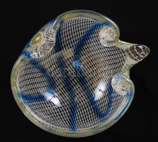 Réteges szabadon fújt, hálódíszítéses üvegkínáló, hibátlan, d: 14 cm, m: 7 cm