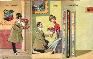 Ik kwam, zag, overwon / I came, saw, conquered, man and woman humorous postcard, hol to light litho (wet damage)