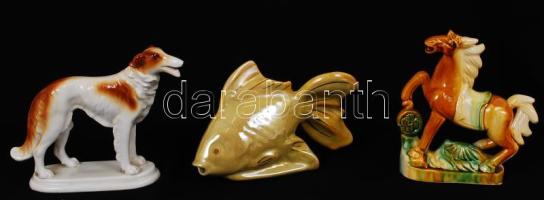 3 db állatfigura, apró hibával, közte egy porcelán figurával (kutya)