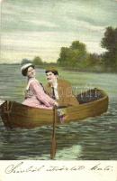 5 db RÉGI motívumlap; csókolózó humoros pajzán pár csónakkal; sorozat / 5 old motive cards; kissing couple with boat, humorous naughty; series