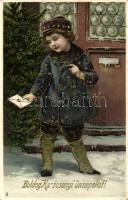 Christmas, child with letter, golden decoration litho (fa)