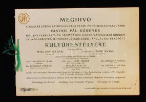 1931 Meghívó a Magyar Görög Katholikus és Főiskolai Hallgatók Vasvári Pál Körének kultúrestélyére