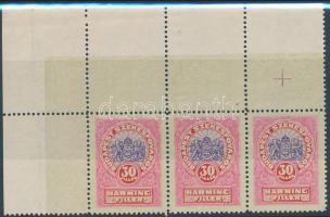 1931 Budapest Székesfőváros városi illetékbélyeg 30f ívsarki hármascsíkban