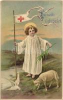 Easter, angel with Red Cross flag, dove, lamb, Emb. litho (EK)