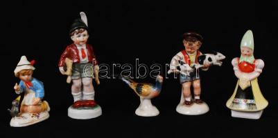 4 db kézzel festett porcelán figura, 1 db kerámia figura, m: 5 és 15 cm közötti méretekben