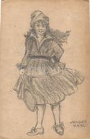 Girl with tennis racket, hand-drawn postcard s: Junger Manci (EB)