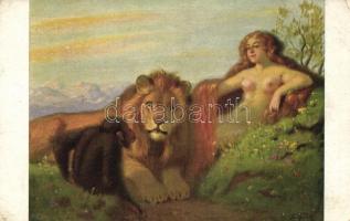 Eine Frage / Erotic nude art postcard, lion s: Th. Grätz (EK)