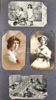 Régi díszes Art Nouveau képeslapalbum (38,5 cm x 23 cm) 78 db régi képeslappal; üdvözlő, hölgy, gyer...