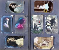 Régi díszes Art Nouveau képeslapalbum (38,5 cm x 23 cm) 78 db régi képeslappal; üdvözlő, hölgy, gyer...