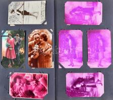 Régi díszes Art Nouveau képeslapalbum (38,5 cm x 23 cm) 78 db régi képeslappal; üdvözlő, hölgy, gyer...