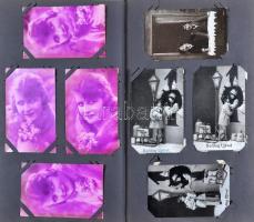 Régi díszes Art Nouveau képeslapalbum (38,5 cm x 23 cm) 78 db régi képeslappal; üdvözlő, hölgy, gyer...