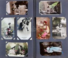 Régi díszes Art Nouveau képeslapalbum (38,5 cm x 23 cm) 78 db régi képeslappal; üdvözlő, hölgy, gyer...