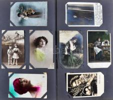Régi díszes Art Nouveau képeslapalbum (38,5 cm x 23 cm) 78 db régi képeslappal; üdvözlő, hölgy, gyer...