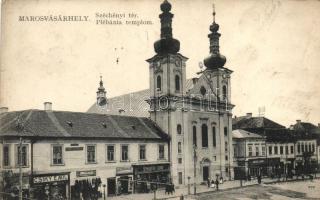 Marosvásárhely, Széchenyi tér, Plébánia templom, Fűszeres és csemege a Fehér Kereszthez, Csiky Emil, Schuster Ödön, Junger Jakab, Lukács János és Grösszel üzlete, kiadja Porjes S. Sándor / square, church