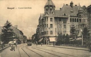 Szeged, Corsó kávéház, villamos; Grünwald Herman kiadása (EK)