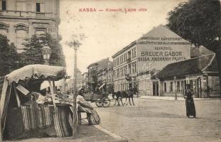 Kassa, Kossuth Lajos utca, Breuer Gábor hirdetés, piac / street, advertisement, market place (EK)