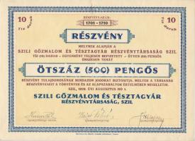 Szil 1929. "Szili Gőzmalom és Tésztagyár Részvénytársaság" 10db részvénye egyenként 50P, összesen 500P-ről T:I-
