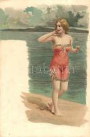 Erotic art postcard, lady on the beach, litho (EK)