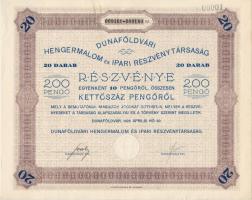 Dunaföldvár 1926. "Dunaföldvári Hengermalom és Ipari Részvénytársaság" 10db részvénye egyenként 10P, összesen 200P-ről T:I- (hátlapon írás)