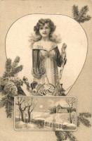 Christmas, lady, pine cones, presents, Lukács Vilmos lottery ticket on the backside, litho (EB)