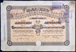 Svájc/Zürich 1923. "Bauxit Trust Részvénytársaság" 10 részvénye, összesen 500Fr-ról szelvényekkel, bélyegzésekkel T:III + A magyar értékpapír 200 éve. Esztergom 1995. kiállítási katalógus Switzerland/Zurich 1923. Bauxit Trust Joint-stock company, 10 shares, all value 500 Francs, with stamps C:F + A magyar értékpapír 200 éve. Esztergom 1995. exhibition catalog