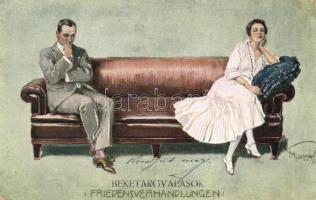 Béketárgyalások, művész aláírásával, 'Friedensverhandlungen / peace negotiations, couple, artist signed romantic postcard