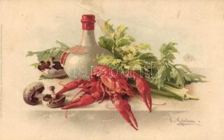 Lobster with mushrooms, bottle of Cusenier, Still life, Meissner & Buch Künstler-Postkarten Serie 1167. litho s: C. Klein (fa)