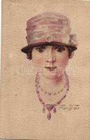 Kalapos hölgy, kézzel festett képeslap, művész aláírásával, Lady with hat, hand-painted postcard, artist signed