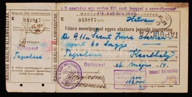 1926 A 911. számú Szent Imre cserkészcsapat tagjai számára kiállított félárú menetjegyes utazásra jogosító igazolvány pecséttel