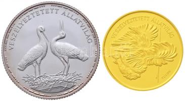 1992. 200Ft Ag "Fehér gólya" (10g/0.500/30mm) + 1994. 5000Ft Au "Túzok" (7.77g/0.584/25mm) párban, díszdobozban és tanúsítvánnyal T:PP Hungary 1992. 200 Forint Ag "White Stork" (10g/0.500) + 1994. 5000 Forint Au "Bustard" (7.77g/0.584) pair in original box with certificate C:PP