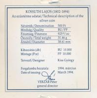 1994. 500Ft Ag "Kossuth Lajos" eredeti "MNB" dísztokban, tanúsítvánnyal T:PP ujj...