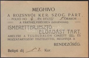 cca 1910 Meghívó a Rozsnyói Ker. Szoc. Párt rendezvényére
