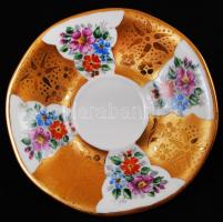 Bereznay Vilma: virágmintás, aranyozott porcelán mokkás csésze, csészealjjal, kézzel festett, jelzet...