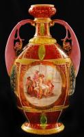 Victoria füles díszváza, matricás és kézzel festett, jelzett (Kaufmmann), hibátlan, m:44 cm ( Victoria czech porcelain vase, perfect condition