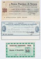 Olaszország 1976. &quot;Kereskedők Egyesülete - Massa&quot; csekk 50L + 1977. &quot;Novarai Népbank&quot; csekk 100L + &quot;Ferrarai Mezőgazdasági Hitelbank&quot; 200L T:I,II,III Italy 1976. &quot;Associazione Commercianti - Massa&quot; cheque about 50 Lire + 1977. &quot;Banca Popolare di Novara&quot; cheque about 100 Lire + &quot;Banca di Credito Agrario di Ferrara&quot; cheque about 200 Lire C:UNC,XF,F