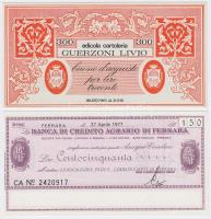 Olaszország 1976. &quot;Guerzoni Livio Hírlapárus&quot; csekk 300L + 1977. &quot;Ferrarai Mezőgazdasági Hitelbank&quot; csekk 150L T:I,I- apró sarokkopás Italy 1976. &quot;Edicola cartoleria Guerzoni Livio&quot; cheque about 300 Lire + 1977. &quot;Banca di Credito Agrario di Ferrara&quot; cheque about 150 Lire C:UNC,AU tiny corner wear