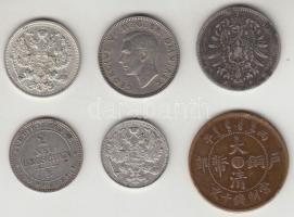 6db vegyes külföldi fémpénz, közte Oroszország 1913. 15k Ag , Német Császárság 1876. 1M Ag T:vegyes
...