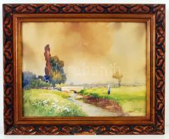 Neogrády Antal (1861-1942): Kőhíd az alföldön. Akvarell, papír, jelzett, üvegezett sérült keretben, foltos, 30×40 cm