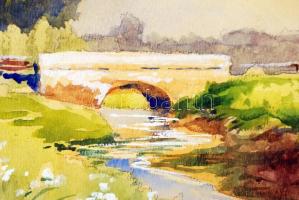 Neogrády Antal (1861-1942): Kőhíd az alföldön. Akvarell, papír, jelzett, üvegezett sérült keretben, ...