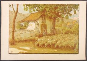 H. Otto: Déli pihenő, színezett litográfia, papír, jelzett, 29,5×21 cm