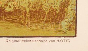 H. Otto: Déli pihenő, színezett litográfia, papír, jelzett, 29,5×21 cm