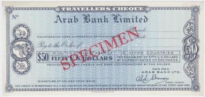 Amerikai Egyesült Államok DN Arab Bank 50$ SPECIMEN utazási csekk T:I kis szamárfül USA ND Arab Bank Limited 50 Dollars SPECIMEN travellers cheque C:UNC small folded corner