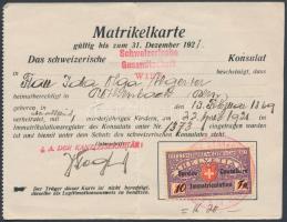 1921 Svájc bécsi követségének menlevele felülnyomott okmánybélyegekkel Swiss embassy in Vienna certificate with overprinted fiscal stamp