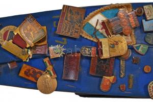 ~145db-os jelvény gyűjtemény, főleg sport (bicikli) témában, falapra erősített textilre felszúrva T:...