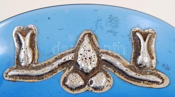 Antik szakított üvegtál ezüst díszítésekkel, hibátlan, d:22 cm, m:8 cm