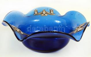 Antik szakított üvegtál ezüst díszítésekkel, hibátlan, d:22 cm, m:8 cm