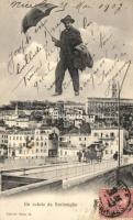 Ventimiglia, bridge, flying man with umbrella (EK)