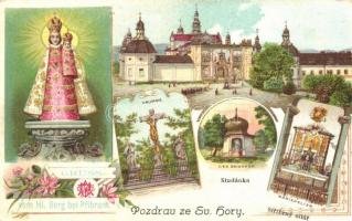 Príbram, Heiliger Berg, Svatá Hora, Kalvarie, Brunnen, Marienaltar / pilgrimage site, fountain, altar, monastery, interior Art Nouveau litho (EB)