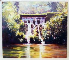 Huszár jelzéssel: Vízesés. Olaj, farost, szélén apró repedések, 70×80 cm